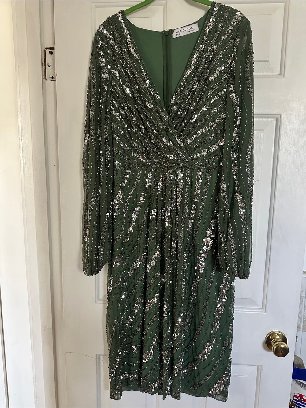 Mac Duggal Green Sequin Long Sheer Sleeve V-Neck Dress